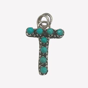 Letter T Pendant Sterling Silver Snake Eye Turquoise Unisex Handmade